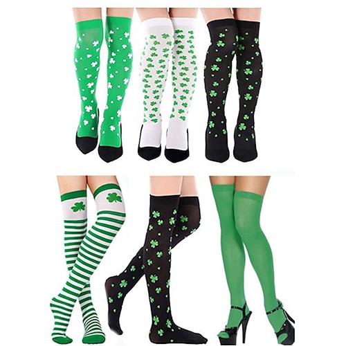 St. Patrick's Day irisch-grüne Kniestrümpfe mit Kleeblattmuster, festliche Strumpfhosen für die St. Patrick's Day Parade, Beinbekleidung für die Feiertage, Socken-Set im Irland-Stil. Image
