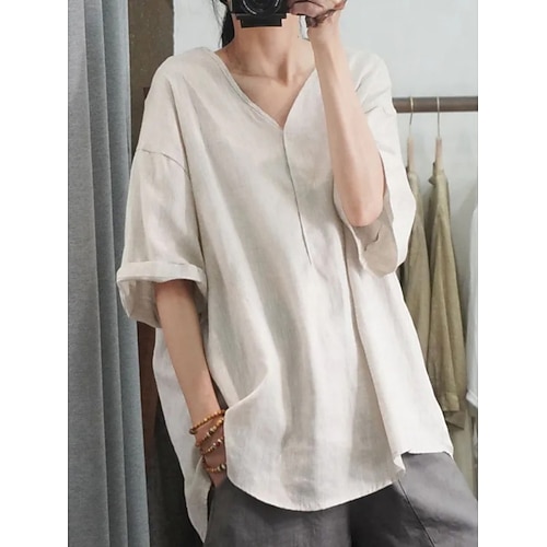 Damen Bluse Einfarbig Stilvoll Lässig Dreiviertelarm V Ausschnitt Normale Oberteile Täglich Schwarz Weiß Rosa Grün Aprikose Sommer Frühling Image