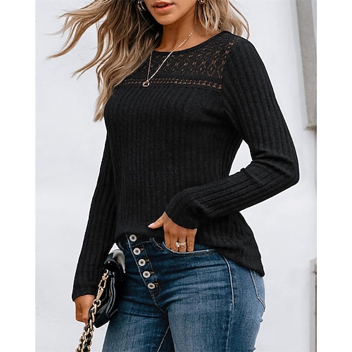 Damen T Shirt Sommeroberteile Patchwork Lochmuster Einfarbig Elegant Mode Klassisch Langarm Rundhalsausschnitt Normale Oberteile Täglich Ausgehen Wochenende Blau Schwarz Leicht Braun Purpur Grün Image