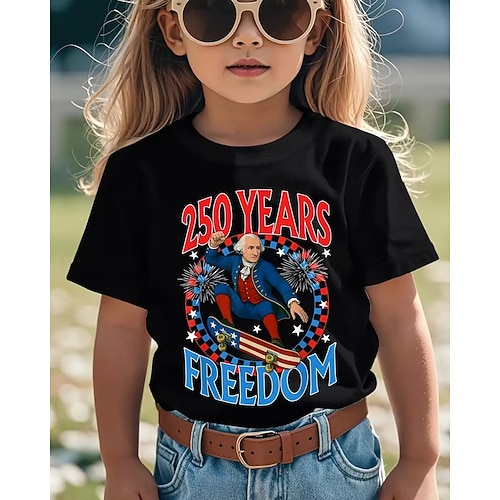 Schwarzes T-Shirt mit US-Flagge zum 250. Jahrestag für Mädchen aus 100 % Baumwolle. Rundhalsausschnitt, Kurzarm. Ideal für Urlaub, Sport und Outdoor-Aktivitäten. Perfekt für den Alltag, aktive Freizeit und Sommer. Image
