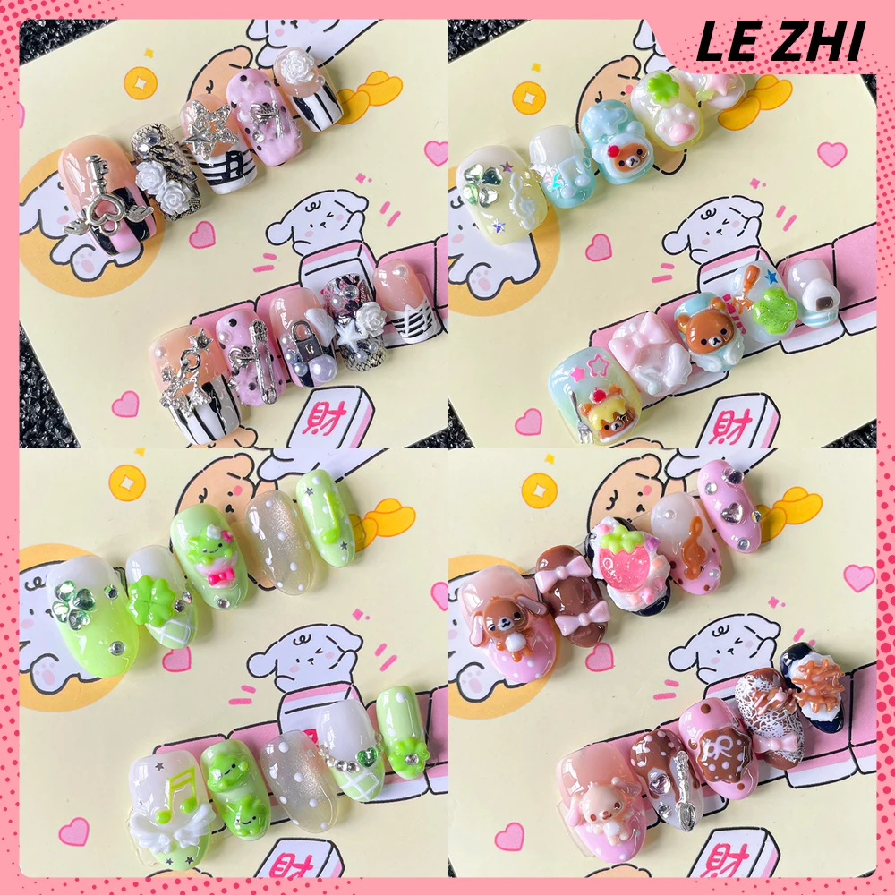 Kawaii 3D Retro Engelsflügel Hinweis Kaninchen Bär Drücken Sie auf Gel Nail Art Französisch Polka Dot Spitze Design Mandel kurze gefälschte Nägel Aufkleber Image