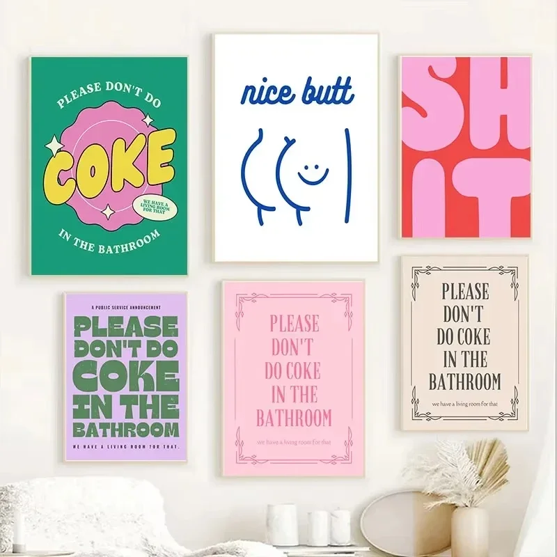 Lustiges buntes Leinwandgemälde „Nice Butt“-Wandkunst. Bitte trinken Sie Cola nicht im Badezimmer. Kunstposter, Badezimmerdekoration Image