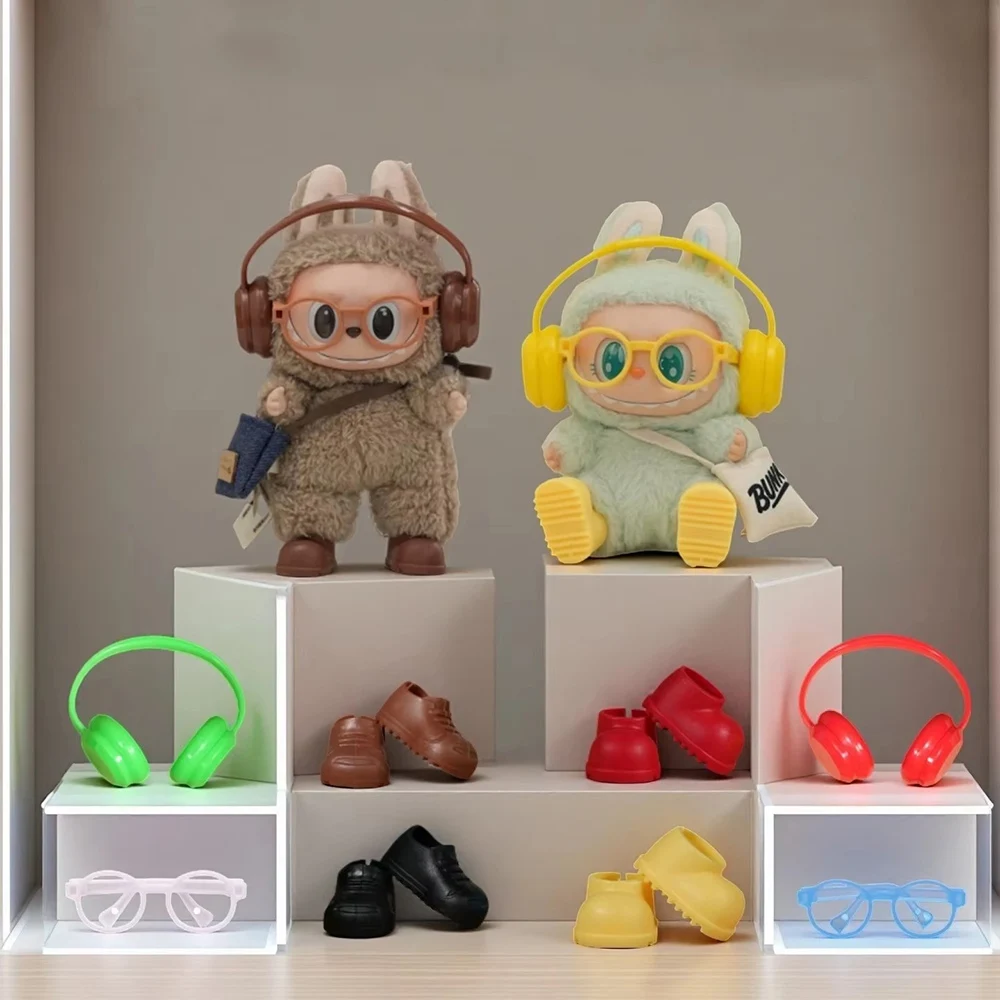 Mini-Puppen-Kopfhörer, Brille, Schuhe, dreiteiliges Set für 17 cm große Labubu-Mode, dekorative Kleidung, Accessoires (ohne Puppen)