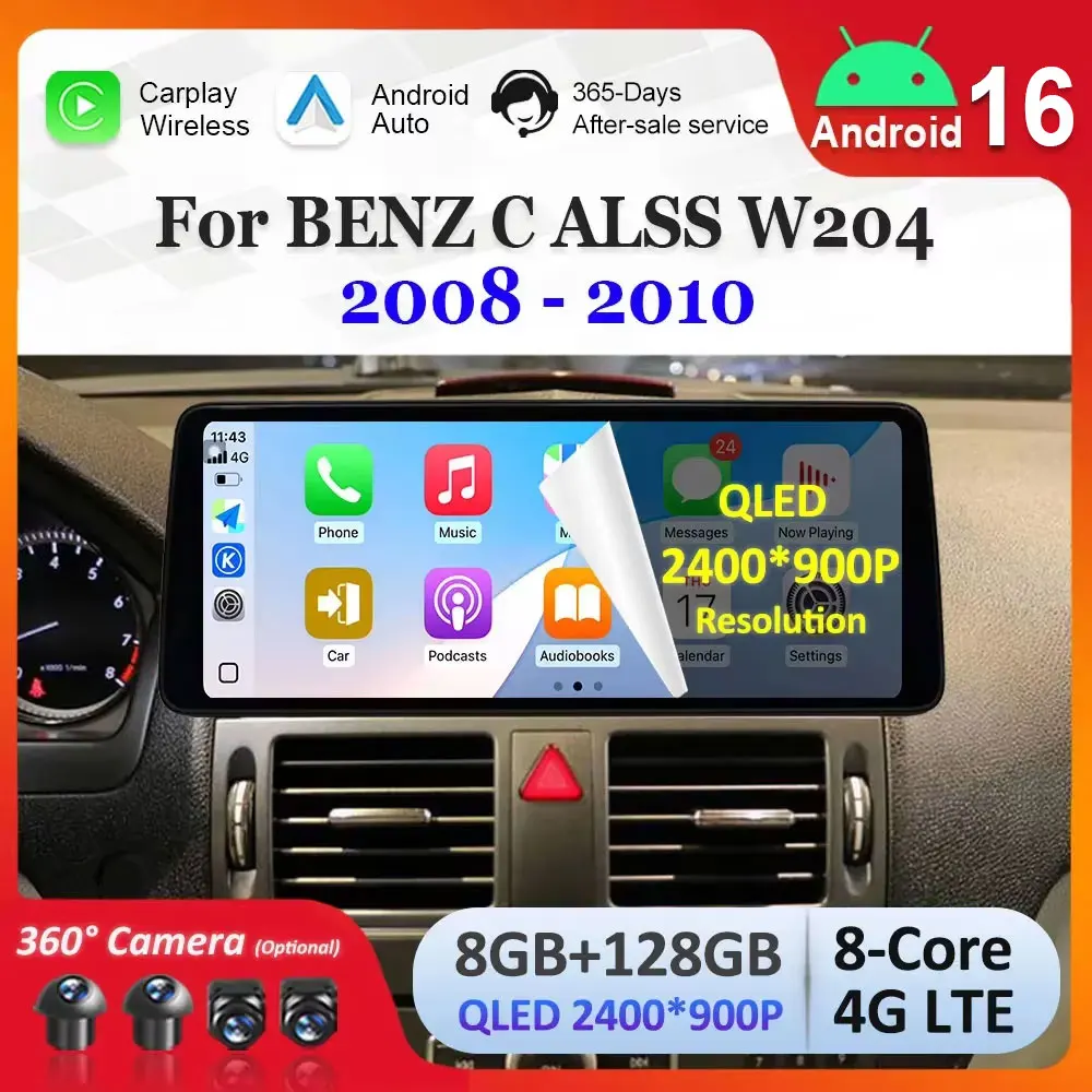 Android 16 Carplay Multimedia-Video-Player Auto für Benz C ALSS W204 2008–2010 Ultradünner QLED-Bildschirm 2,5D Navi GPS 4G BT Image