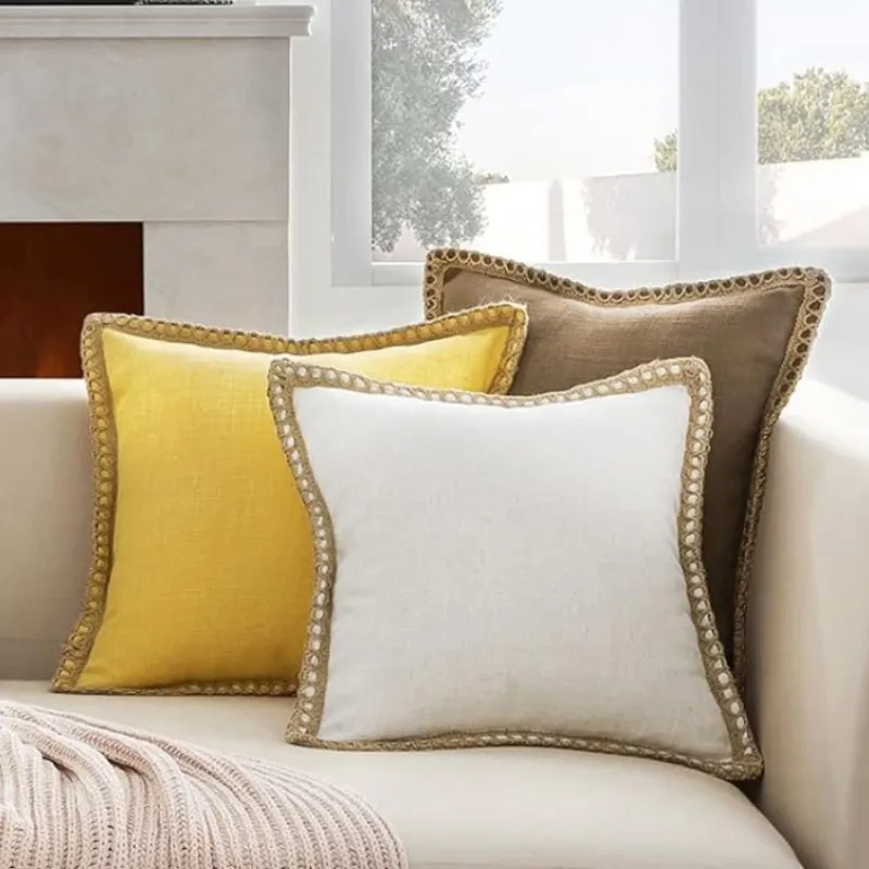 1/2er-Pack Bauernhaus-Lendenwirbel-Kissenbezüge, 30 x 50 cm, 45 x 45 cm, 50 x 50 cm, Sackleinen-Leinenbesatz, maßgeschneiderte Kanten, rechteckige Kissenbezüge Image