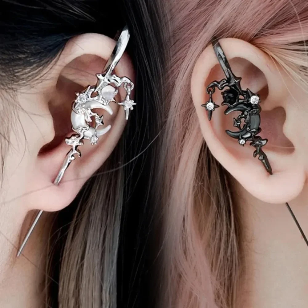 1PC Goth Schwarz Weiß Stern Mond Piercing Ohrringe für Frauen Gothic Dark Moon Cross Star Stud Ohrring Y2K Schmuck Image