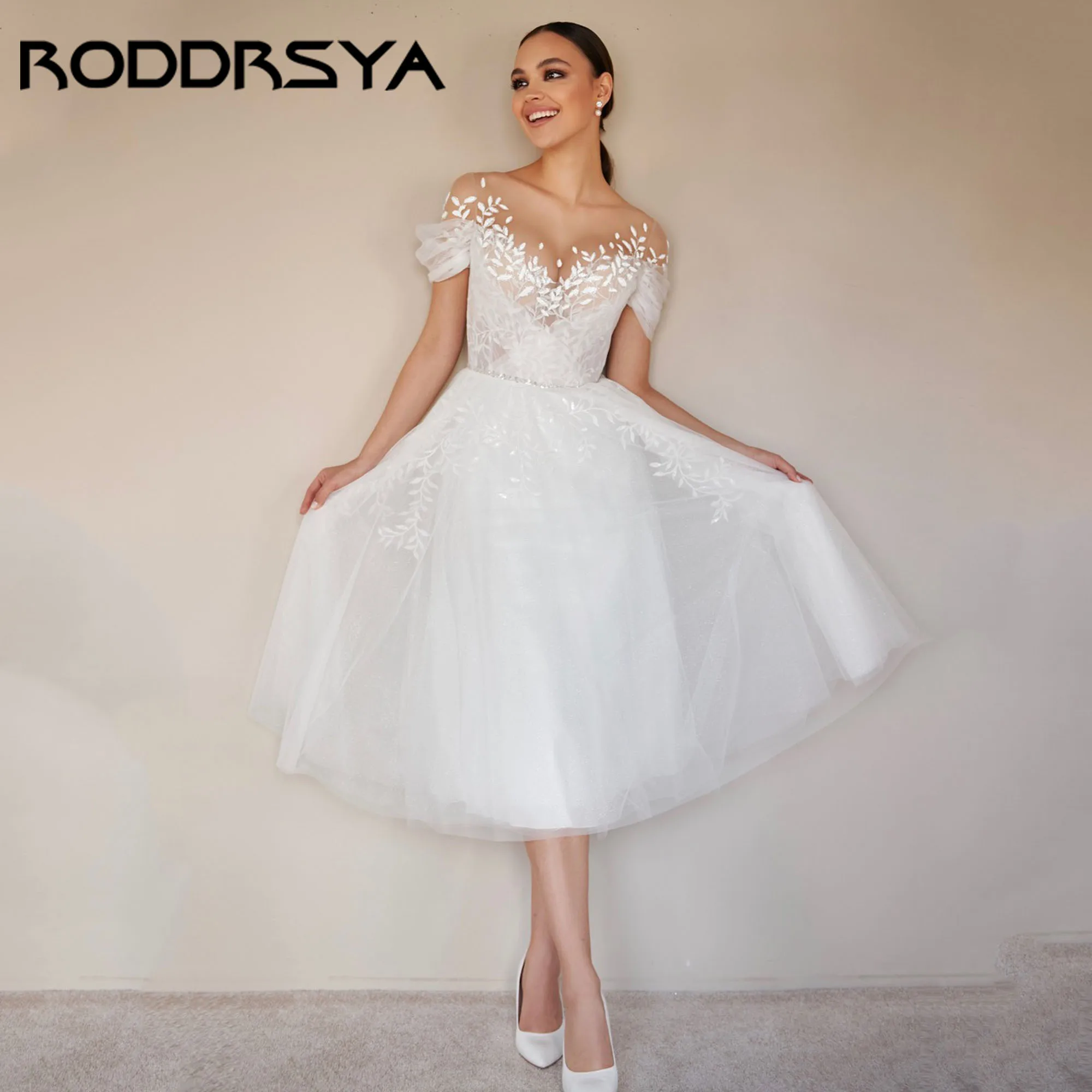 RODDRSYA A-Linie Tüll Brautkleider Langarm Rückenfreie Illusion Kleider Für Braut Oansatz Applikationen vestidos de novia Angepasst Image