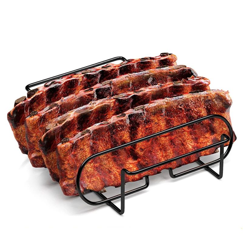 BBQ-Rippenständer aus antihaftbeschichtetem Stahl, hält 5 Rippen zum Rauchen und Grillen, perfektes Räucherzubehör, Geschenke für Männer Image
