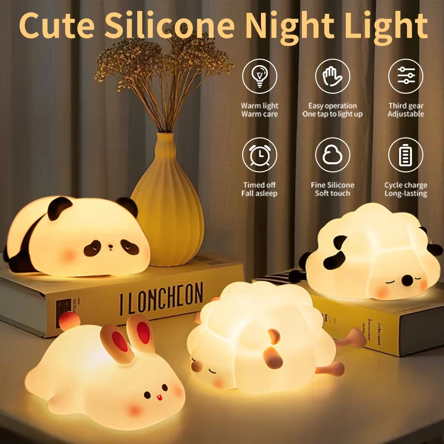 LED-Nachtlicht für Kinder, Geburtstagsgeschenk, Panda, Schaf, Kaninchen, niedliche Silikon-Nachtlichter, wiederaufladbar, für Schlafzimmer, Nachttisch-Dekoration