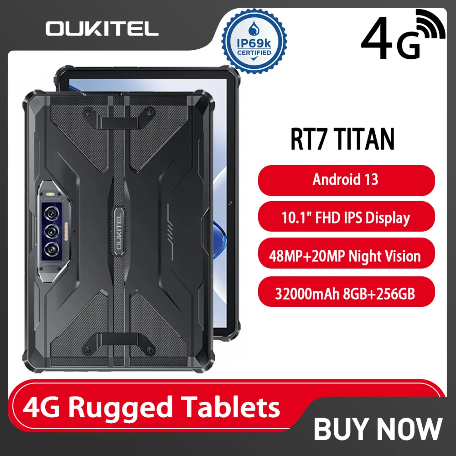 Oukitel RT7 TITAN 4G Robustes Tablet 10,1" FHD+ 32000mAh 8GB+256GB Android 13 IP68/IP69K 48MP+20MP Nachtsicht-Tablet-Tablets PC Image