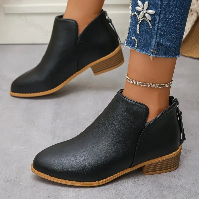 Große Größe Damen Lederstiefel Herbst Winter Spitzschuh Mode Reißverschluss Blockabsatz Schuhe Outdoor Rutschfeste Vintage Kurze Stiefel