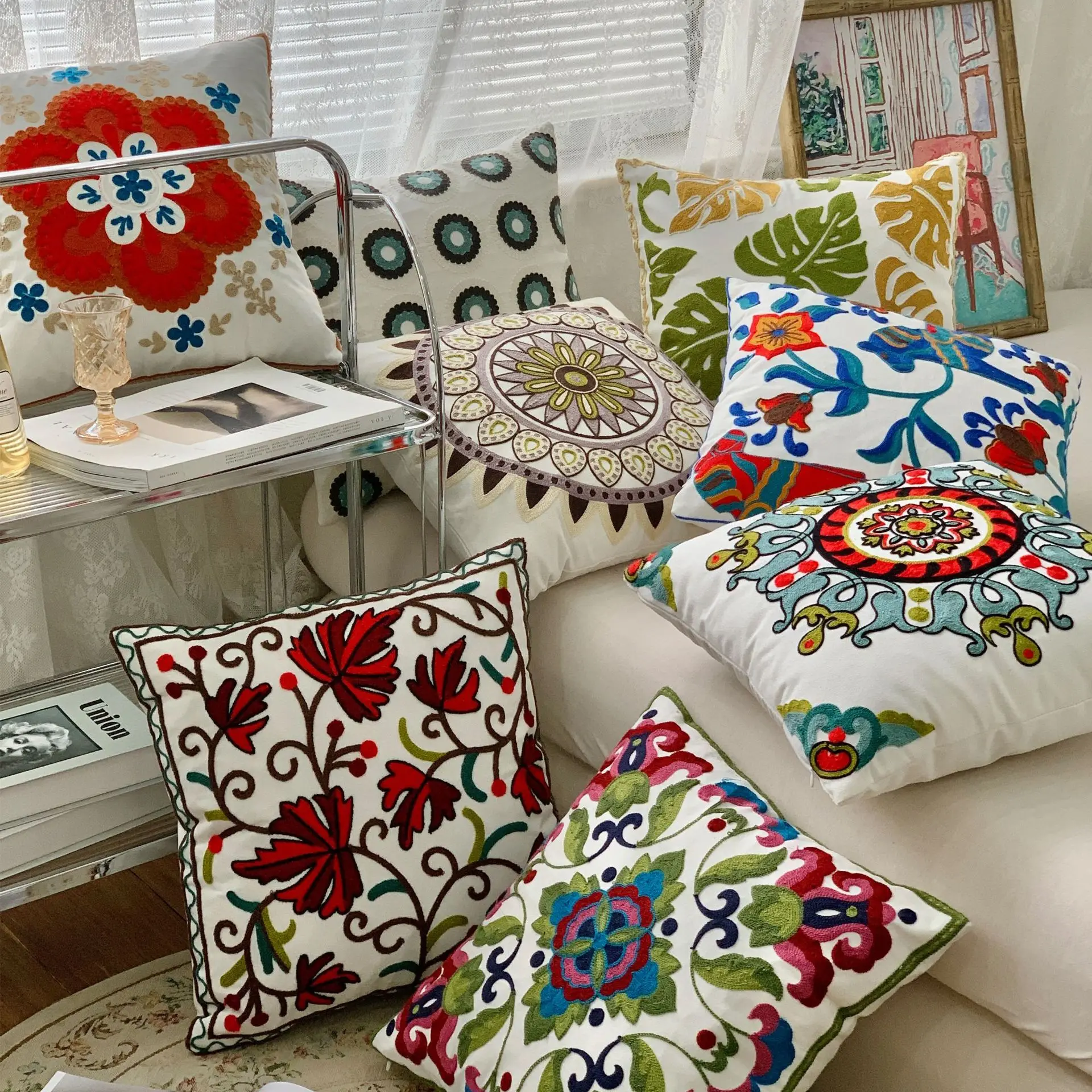 45 x 45 cm großer, floral bestickter Kissenbezug im Ethno-Stil, Cojines-Baumwoll-Eulen-gestickter Überwurf-Kissenbezug, Kopfteil-Kissenbezüge Image