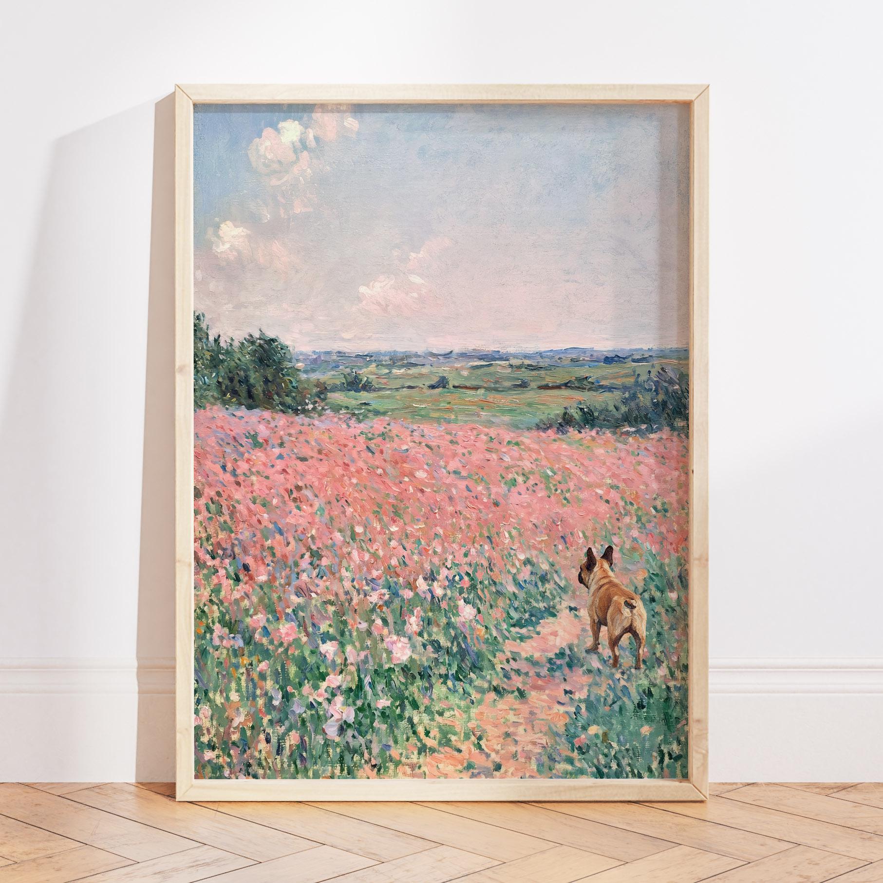 Stampa a olio pastello con fiori selvatici di Monet, arte del bulldog francese, arte murale con paesaggio floreale per bulldog francese