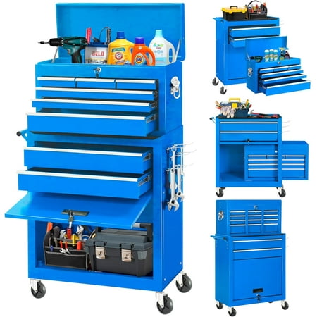 8-Drawer Rolling Tool Chest and Cabinet Combo Heavy-Duty Metal Garage Tool Chest with Wheels 2-in-1 Top Chest and Roller Cabinet Combo for Garage Workshop Warehouse Blue
