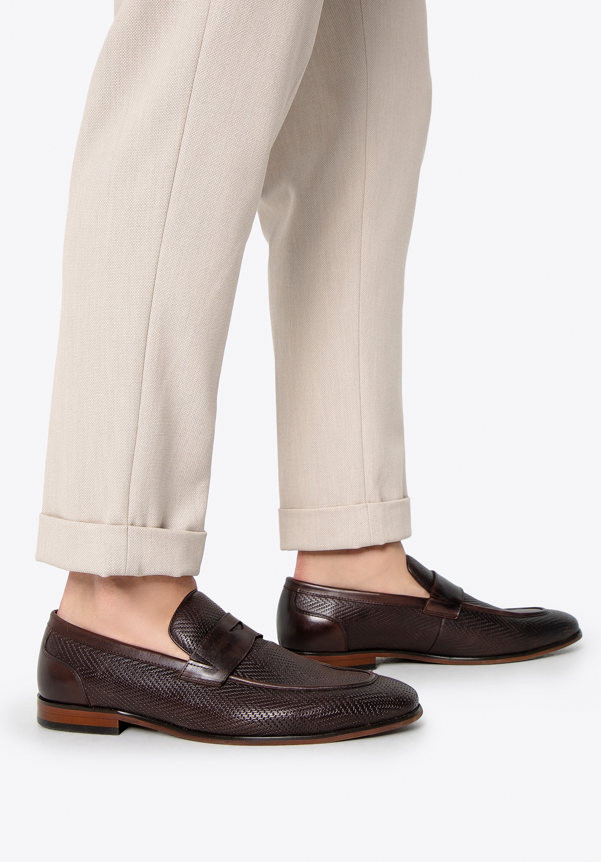 Wittchen Herren-Ledermokassins mit Fischgrätmuster, Dunkelbraun, Naturleder