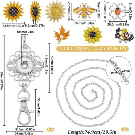 Interchangeable Office Lanyard ID Badge Holder Necklace Making Kit Including Sunflower & Bird & Bees Alloy Snap Buttons & Keychain Making 304 Stainless Steel Cable Chains Necklace golden 8pcs/box