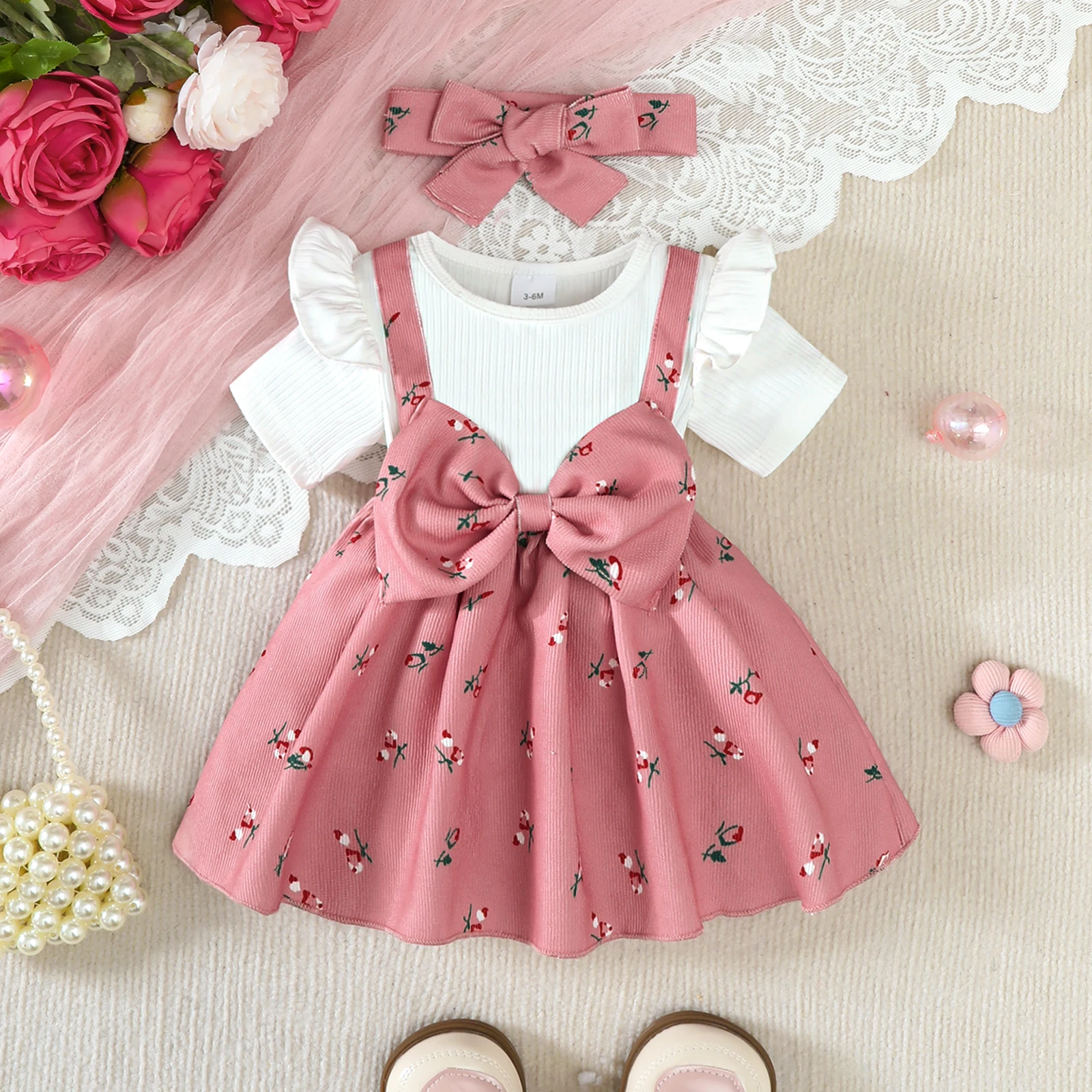 2 Teile/satz Baby Mädchen Kleid Kleine Blumen Große Schleife Sommer, Kleid + Stirnband Set geeignet für 0-24 Monate Baby Mädchen Modisches Kleid Image