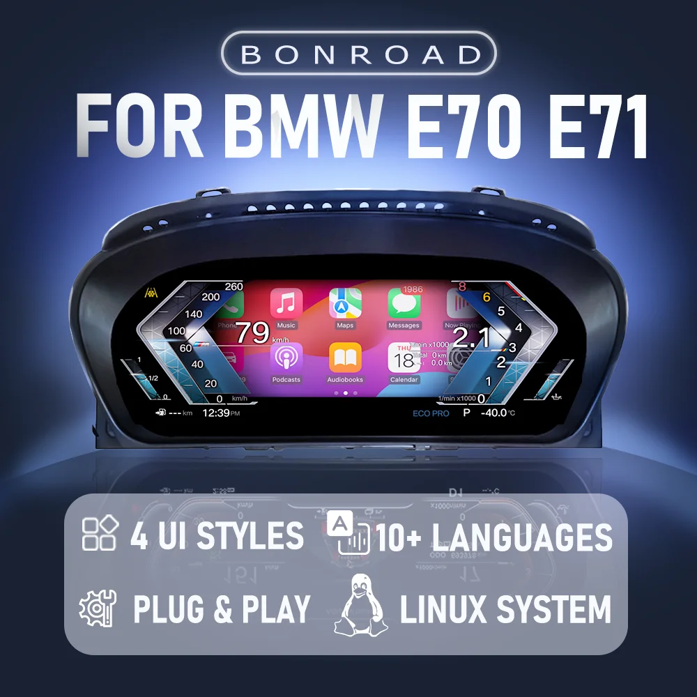 BONROAD 1920*720P Kabelloses CarPlay Android Auto Airplay Mirroring Digitales Armaturenbrett Instrumententafel-Cluster für BMW X5 E70 X6 E71 2006-2013 Modifiziertes Auto-Tachometer Cockpit Image