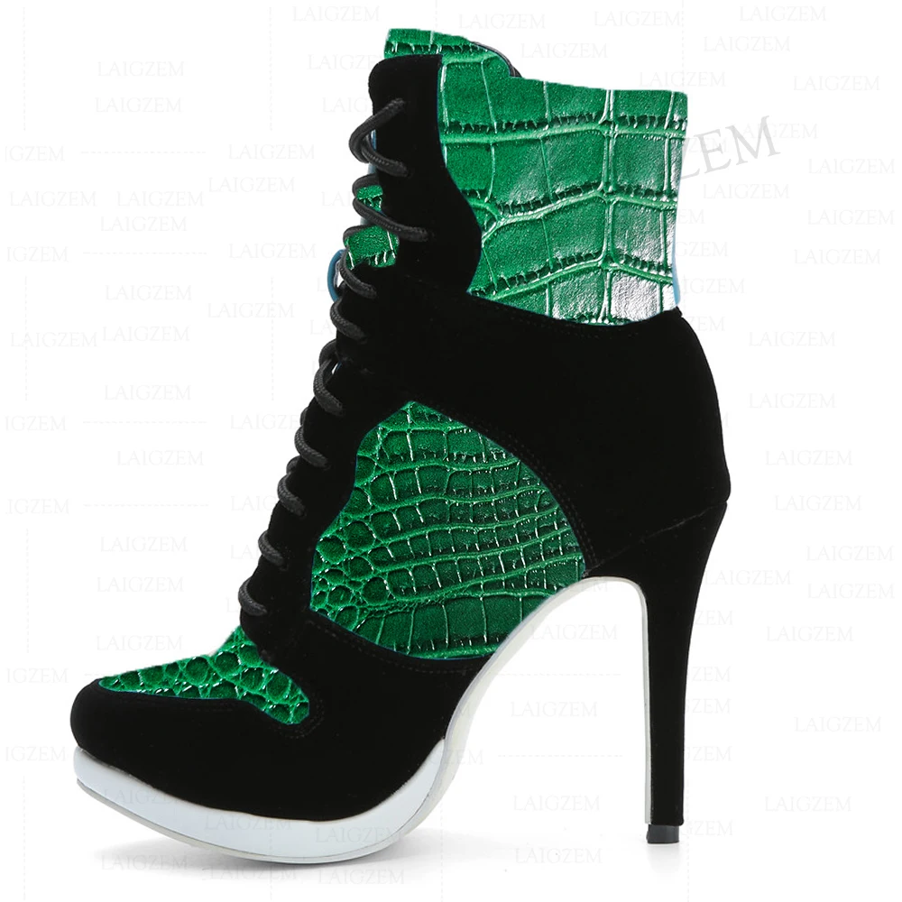 LAIGZEM Frauen Stiefeletten Schnüren Dünne High Heels Stiefel Runde Kappe Handgemachte Damen Schuhe Frau Botas Mujer Große Größe 39 43 47 52