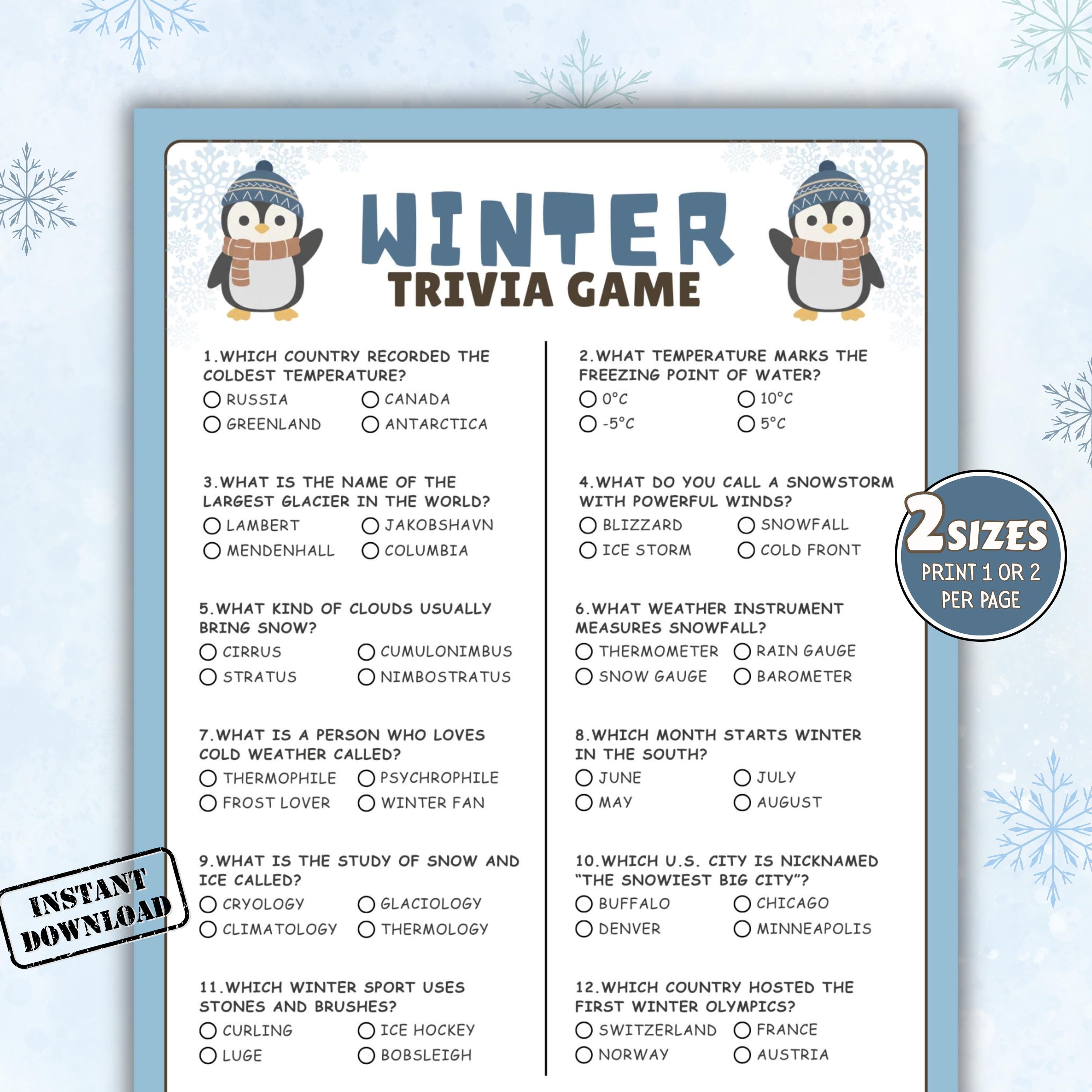 Gioco a quiz invernale, giochi invernali stampabili, giochi invernali per adulti e bambini, giochi invernali divertenti, quiz invernali, quiz di Natal