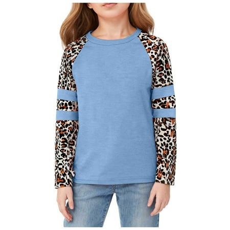 Pandaie 3-9Y Girls Sweatshirt Toddler Leopard Print Long Sleeve Crewneck Pullover 3T 4T 5T Colorblock Fall Cloths Basic Tops Tee Light Blue 7-8 Years