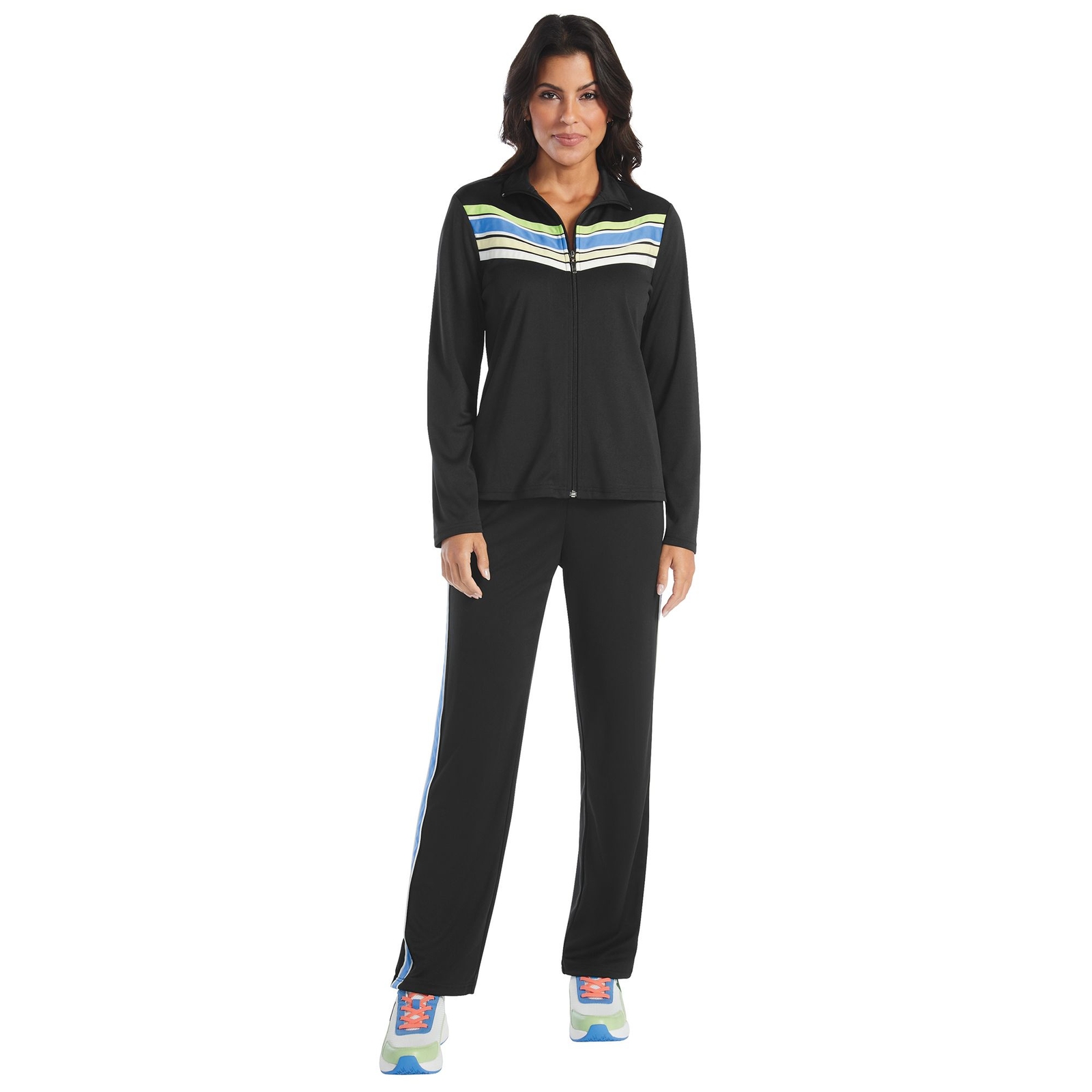 VEVO ACTIVE Women's Striped Track Set (Size M) Black-Blue/Multi, Polyester