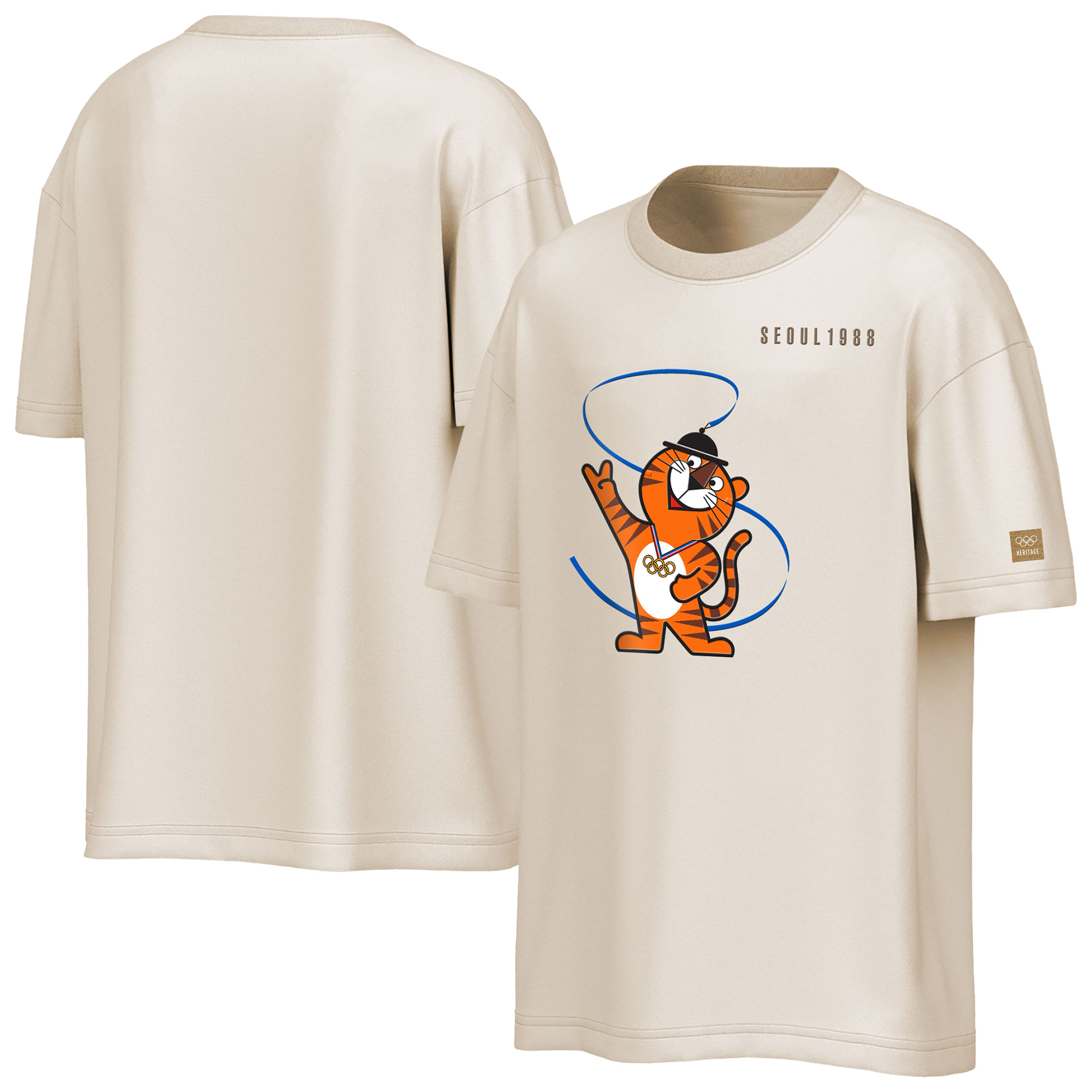 Herren-T-Shirt von Outerstuff, beige, Oversized, mit Maskottchen-Motiv der Olympischen Spiele Seoul 88, überschnittene Schultern Image