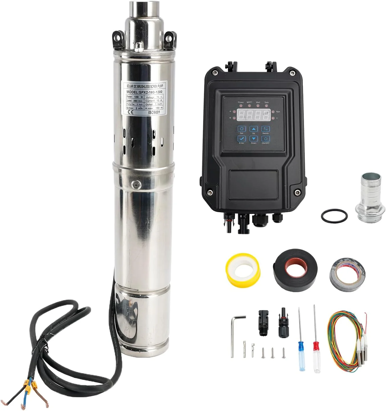 750 W 1000 W 1200 W Solar-Tiefbrunnenpumpe mit MPPT-Regler, Flüssigkeitsstandsensor-Set, Solar-DC-Tauchpumpe, Durchfluss max. 2 T/Stunde
