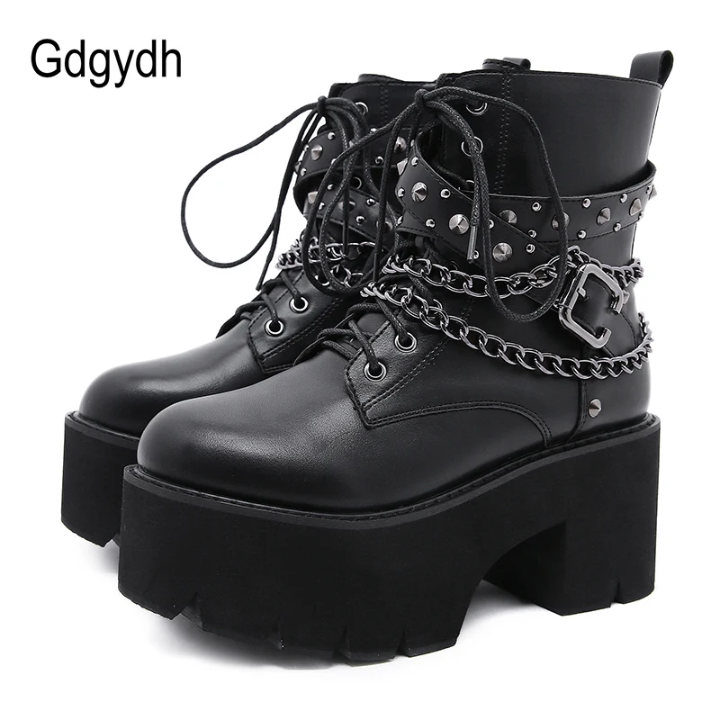 Gdgydh 2022 Gothic Schwarz Stiefeletten Für Frauen Plus Hohe Ferse Weiblichen Schuhe Lace-Up Nigh Club Schwarz Sexy nieten Kette Kurze Stiefel
