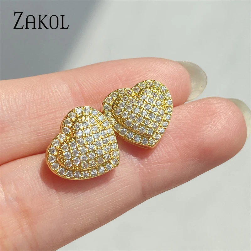 ZAKOL Mode Herz CZ Stud Ohrringe für Frauen Nette Zirkonia Weibliche Band Ehe Erklärung Hochzeit Schmuck Image