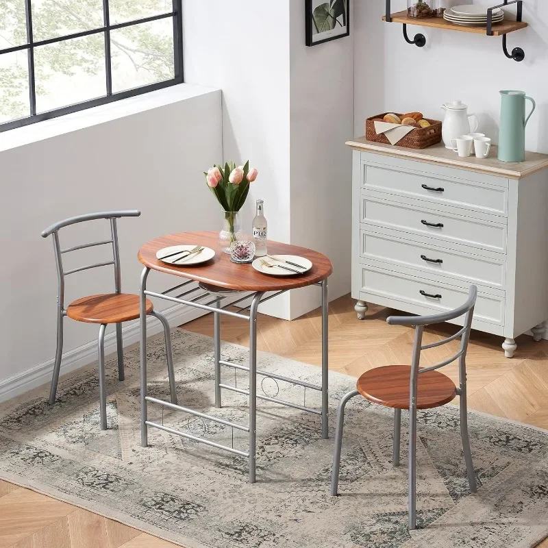 Hochwertiges 3-teiliges rundes Tisch- und Stuhlset aus Holz für Esszimmer, Küche, Bar, Frühstück, mit Weinlagerregal, platzsparend