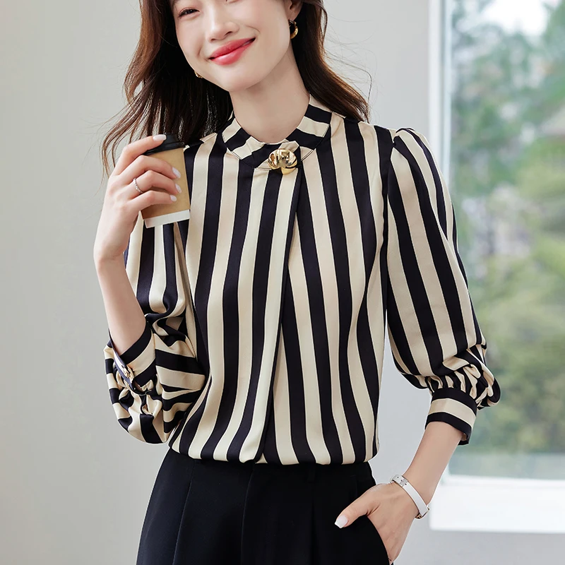 Frühling Mode Langarm Stehen Kragen Frauen Bluse Gestreiften Chiffon Bluse Shirts Frauen Tops Blusas De Mujer Camisas Blusas N493 Image