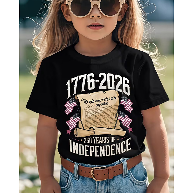 100% Cotton Kids Girls' Black Graphic USA Flag 250th Anniversary Kid's American US Flag T shirt Tee Crew Neck Short Sleeve Vacation Sports Outdoor Dailywear Vacation Daily Casual Printing Summer