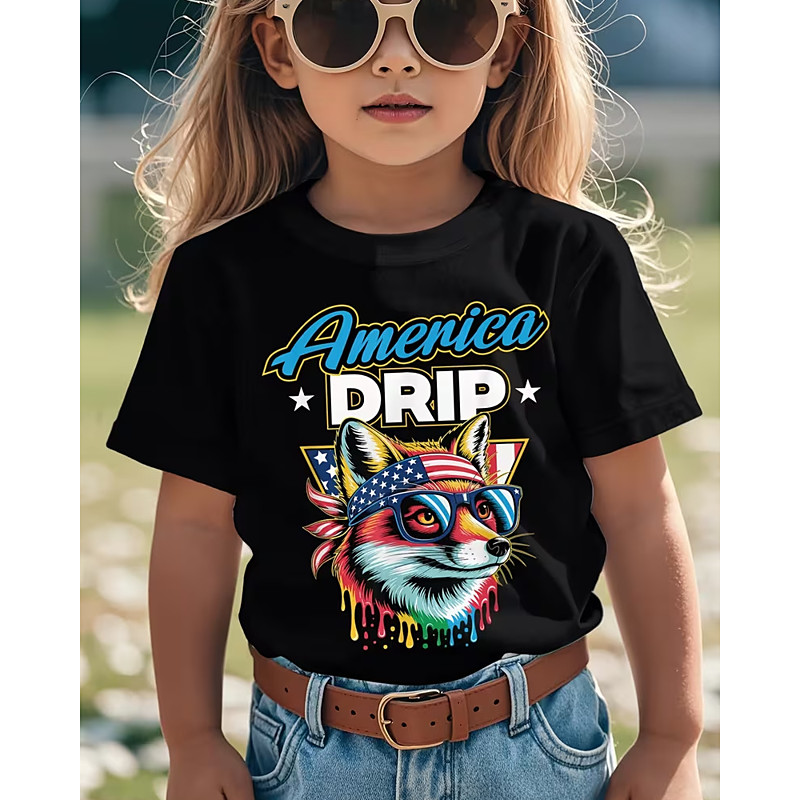 Cotton 100% Cotton Kids Girls' Black White Graphic Fox 250th Anniversary Kid's American US Flag T shirt Tee Crew Neck Short Sleeve Vacation Sports Outdoor Dailywear Active Designer Casual Printing