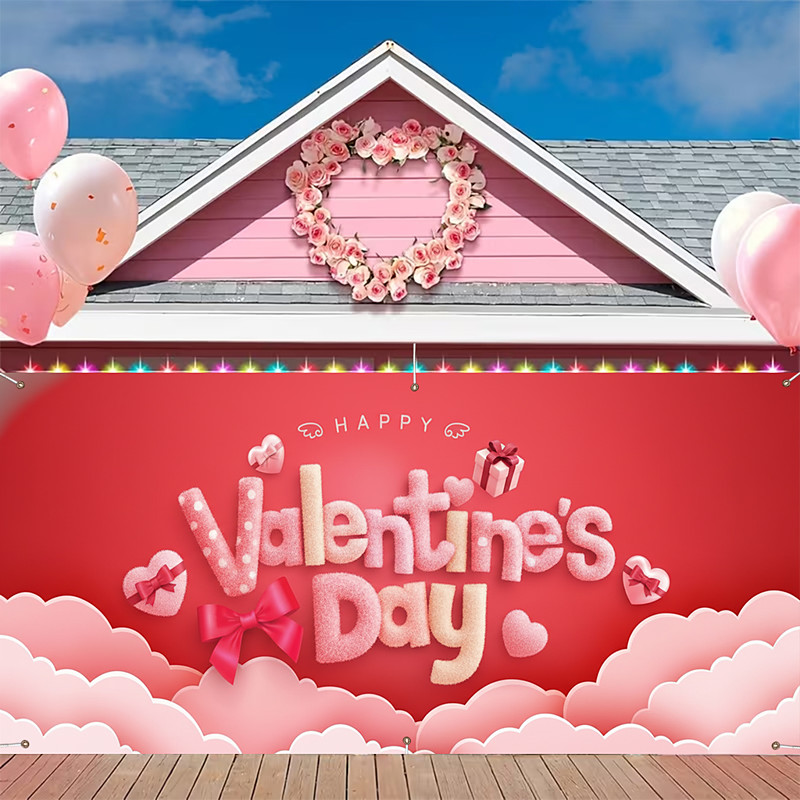 Valentine's Day Garage Door Cover, Happy Valentine's Day in Bubble Letters, Red and Pink Background, Perfect for Holiday Decor, Ideal for Home or Storefront Valentine's Day Decoration