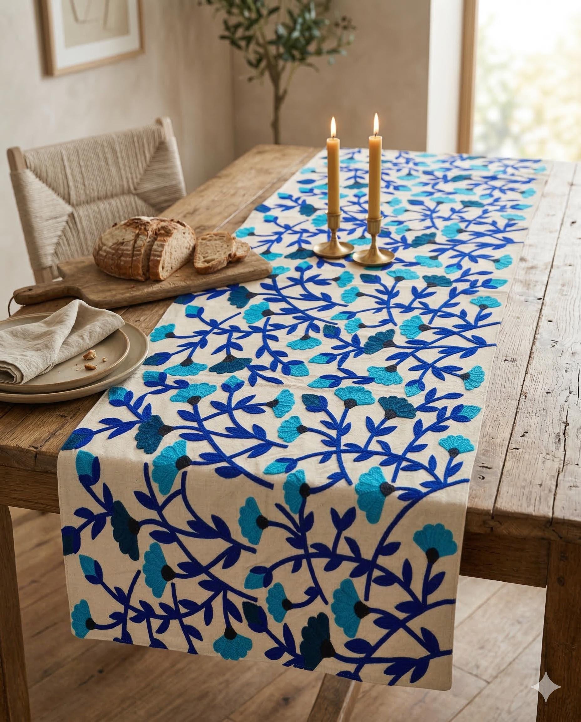 Runner da tavolo ricamato blu - Runner da tavolo in cotone floreale per tavolo da pranzo, elegante decorazione da tavolo, runner da tavolo da pranzo f