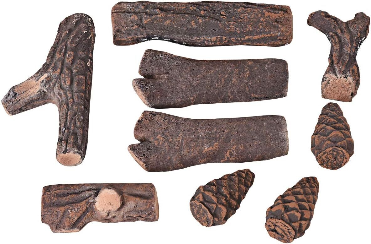 COSTWAY Gas Firelogs 9 Pieces Artificial Ceramic Firewood for Propane & Gas Stoves Realistic Fire Log Set Image