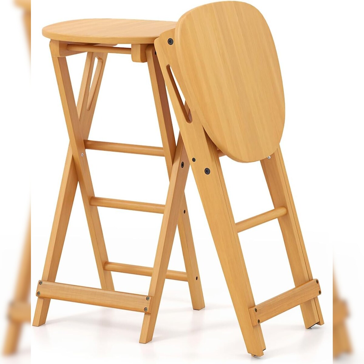 COSTWAY Set of 2 Folding Bar Stools Bamboo with Footrest, Kitchen Chair Seat Height 61 cm, Counter Stool