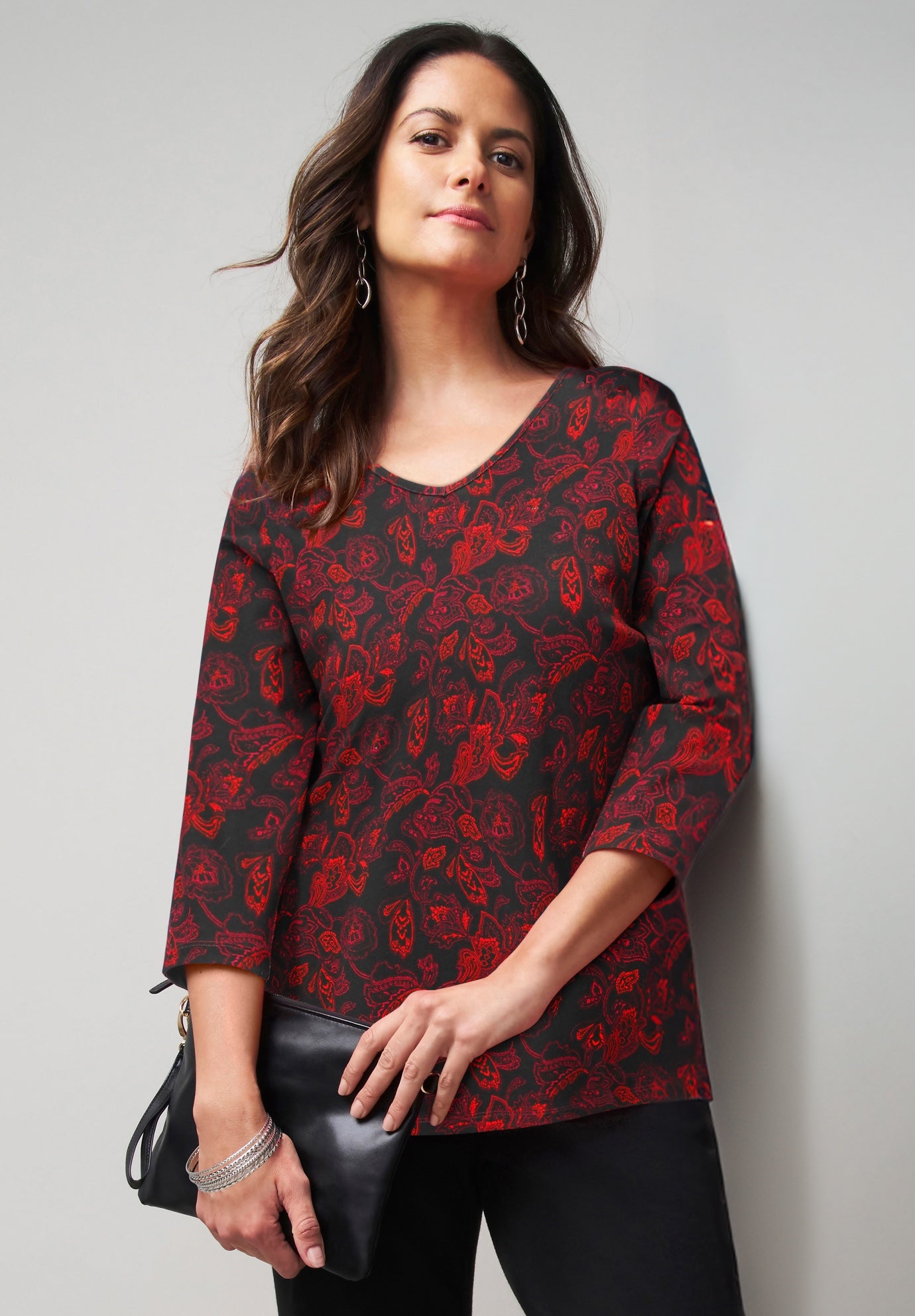 Plus Size Women's Stretch Cotton V-Neck Tee by Jessica London in Red Dancing Batik (Size 18/20) 3/4 Sleeve T-Shirt