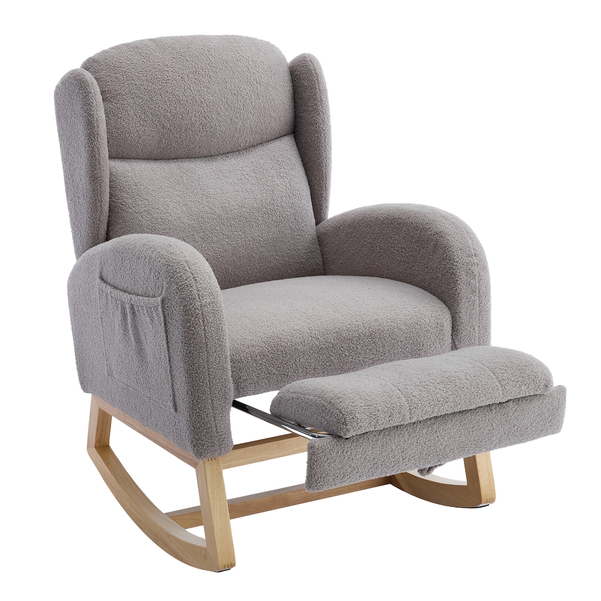 OKWISH Schaukelstuhl Relaxstuhl Polstersessel mit verstellbarem Fußhocker Stauraumtaschen Teddy Stoff Holzgestell ergonomisch 122x70x104 Grau Image