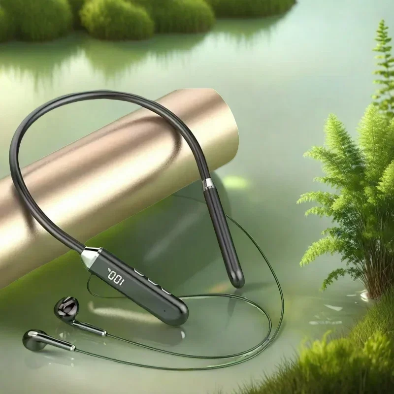 Schicker kabelloser Bluetooth-Kopfhörer mit LED-Anzeige, IPX5, wasserdicht, HiFi-Klangqualität, Rauschunterdrückung, Sport-Nackenbügel-Kopfhörer Image