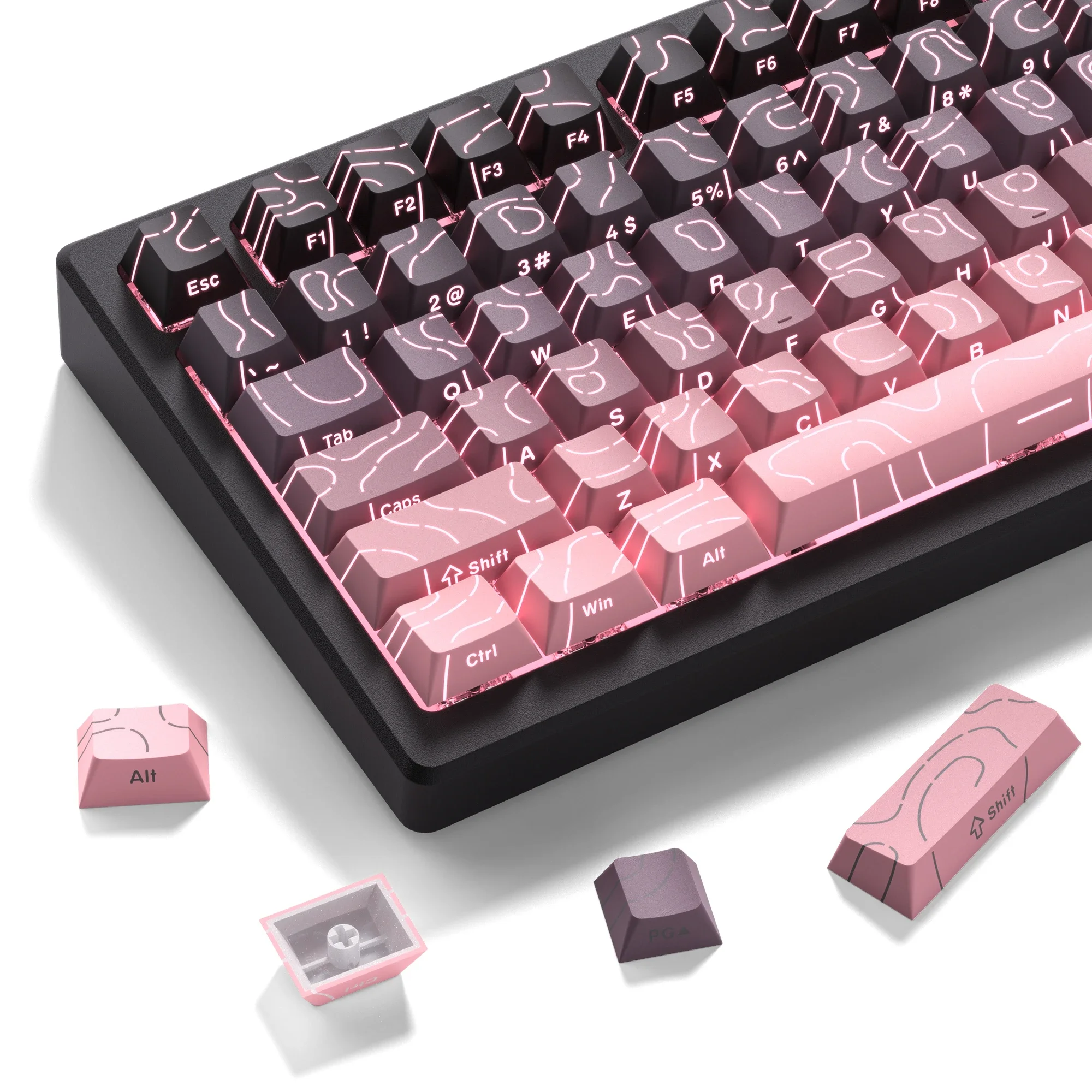98-Tasten-Tastenkappen mit rosafarbenem topografischem Kirschprofil, Double Shot-PBT-Tastenkappen, seitlich bedruckt, glänzen durch Tastenkappen für MX-Switches, Gamer-Tastatur Image