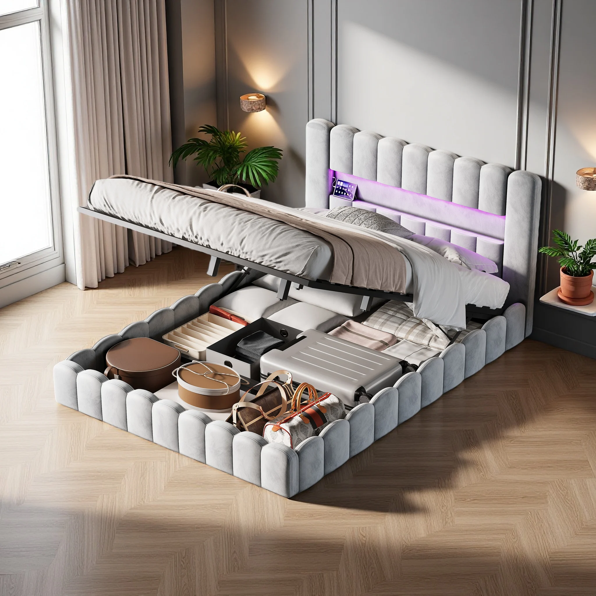 Bubble Bett 180x200, Doppelbett Polsterbett mit Bettkasten, Hydraulisches Bett mit USB-Ladefunktion und LED-Beleuchtung, Bettgestell mit Lattenrost, mit Kopfteil, Ohne Matratze, Samt, Grau