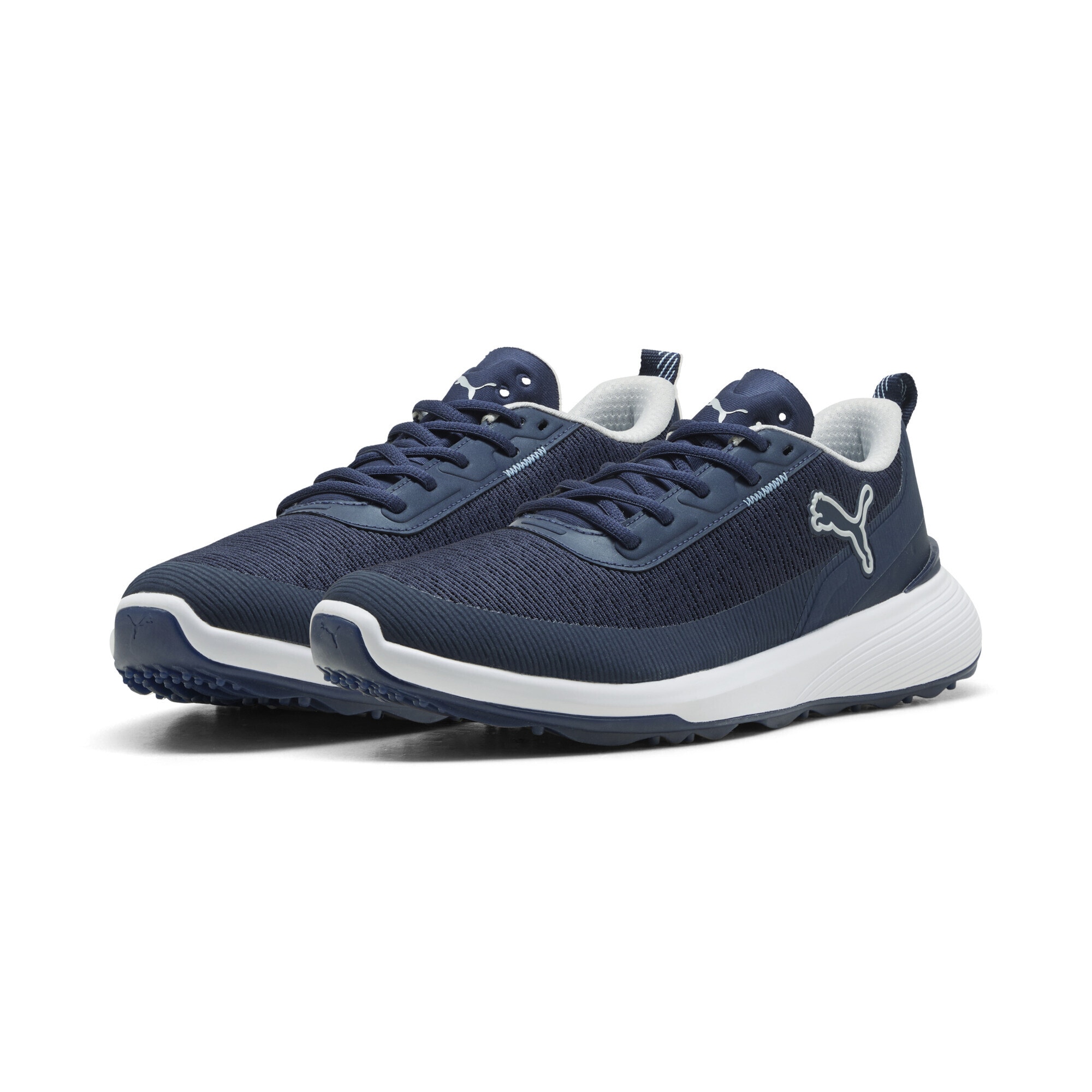 Golfschuh PUMA "Gruve Sport Golfschuhe Herren", Damen, Gr. 46, deep navy ash gray blau, Obermaterial: Textil, Synthetik; Futter: Textil; Innensohle: Textil; Laufsohle: Gummi, Schuhe