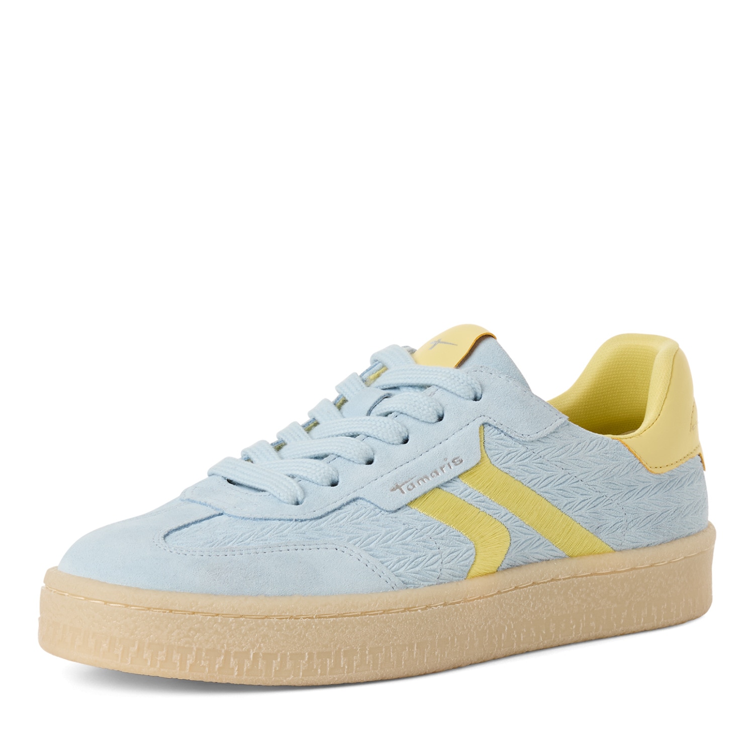 Plateausneaker TAMARIS, Damen, Gr. 37, hellblau, gelb, Lederimitat, Veloursleder, unifarben mit Farbeinsatz, Schuhe Plateausneaker, Schnürschuh, Halbschuh, Freizeitschuh mit gepolstertem Schaftrand