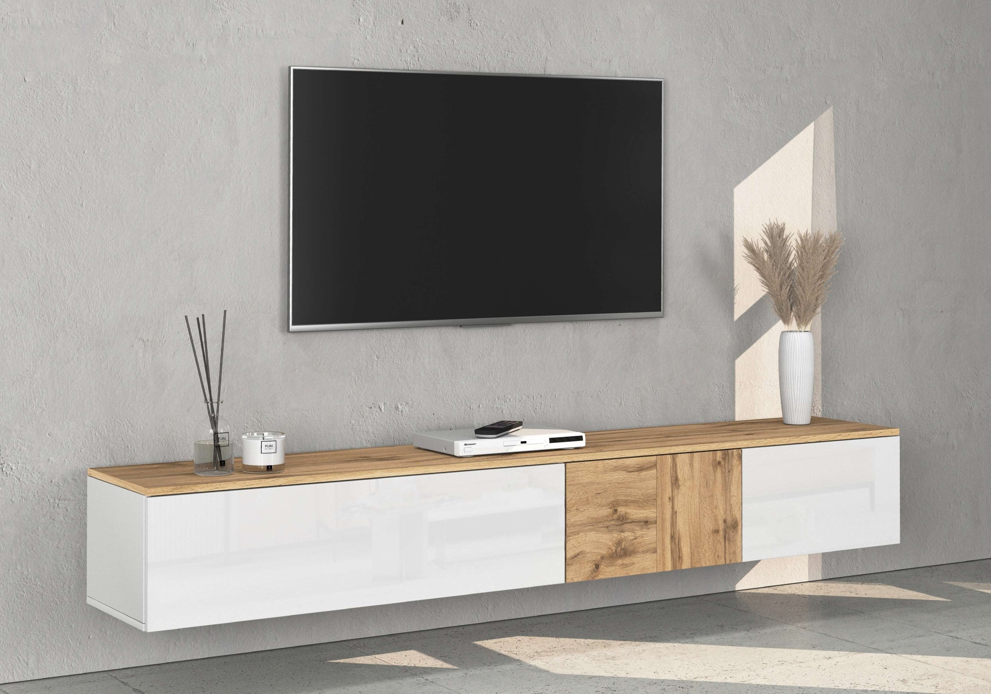Lowboard INOSIGN "Lowboard ISEO,Lowboard,TV-Kommode,TV-Möbel,TV-Bank", weiß, eiche wotan, B:200cm H:30cm T:35cm, Sideboards, Lowboard, stehend/hängend, 1 Klappe, 2 Türen HG lackiert, 3 Fächer, B 210 cm