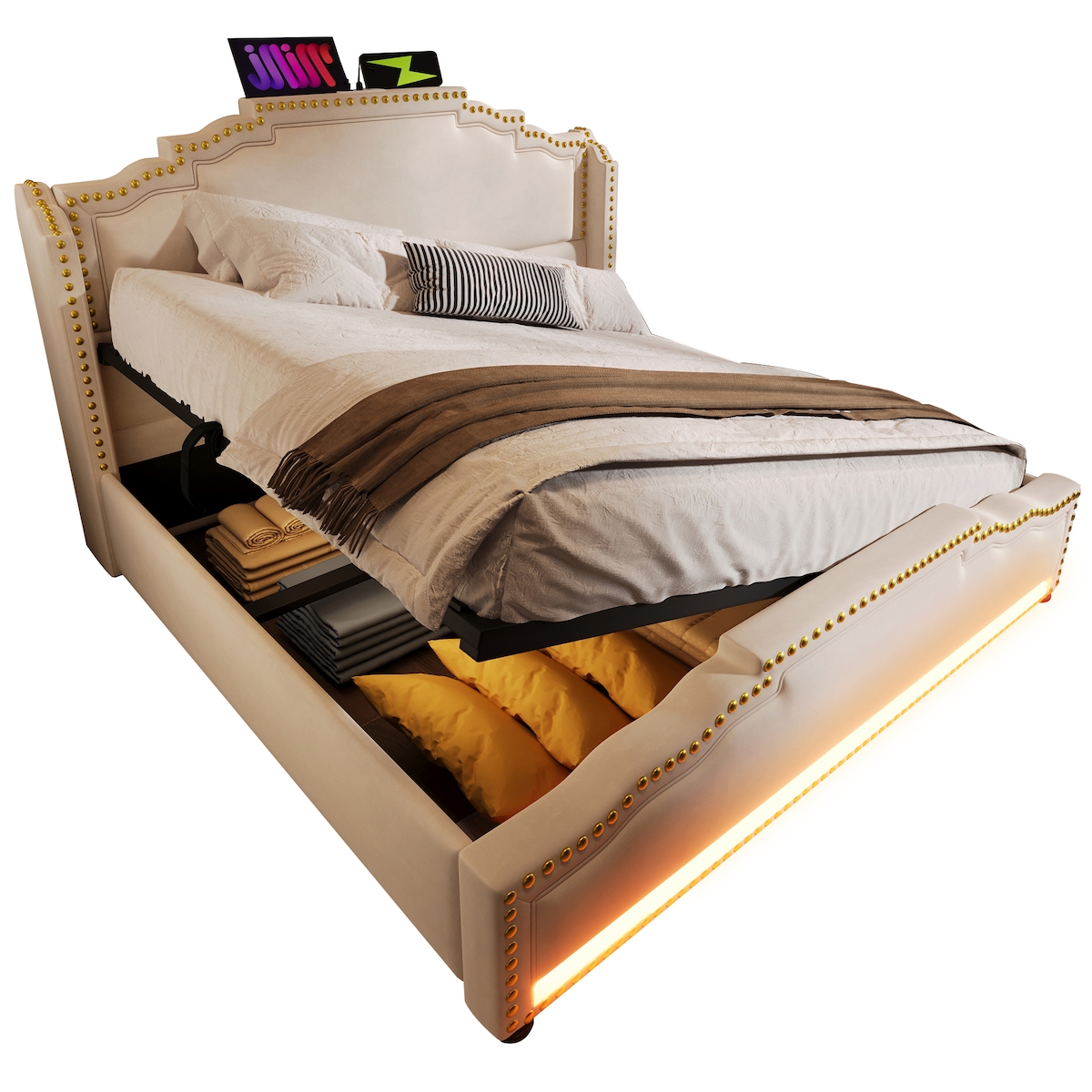 OKWISH Polsterbett 160x200 cm mit hydraulischem Stauraum, LED-Beleuchtung und USB-C-Anschluss – elegantes Design in Beige Image