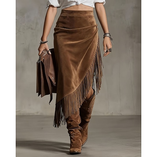 Damen Vintage Mode Lässig Midi Hohe Taille Röcke Einfach Quastenfransen Unregelmäßiger Saum Mikroelastisch Täglich Straße Braun Frühling Image