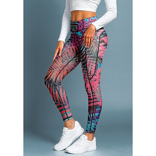 Damen Pilates-Leggings Fitnesshose Trainingsleggings Taschen Stempelsteuer Seitentaschen Pilates Fitnessstudio Fitnesstraining Hosen Strumpfhosen Leggings Blumendruck Waldgrün Regenbogen Rot Kombo Image