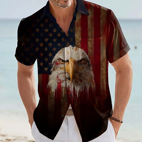 Herren Adler US Flagge 250. Jahrestag der Vereinigten Staaten Hemd Knopfhemd Kurzarm Vintage-Retro Outdoor Ferien Sommer Frühling Umlegekragen 3D-Druck Hemden mit Kragen Eine Tasche vorne Blau Weiß 1 Image